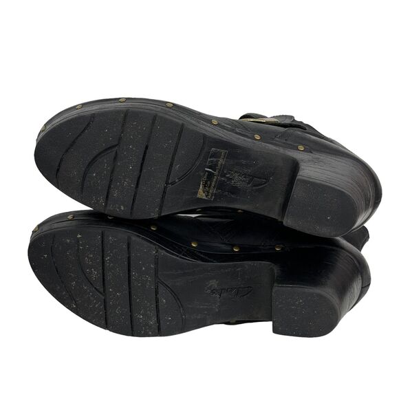 Womens Clarks Black Leather Studded Heeled Clogs Moto Buckle Boots Size 9.5 M - Picture 9 of 9